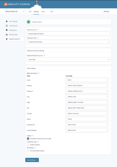 Moneris Direct CA Payment Gateway for Gravity Forms