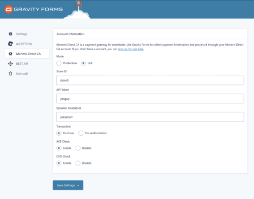 Moneris Direct CA Payment Gateway for Gravity Forms
